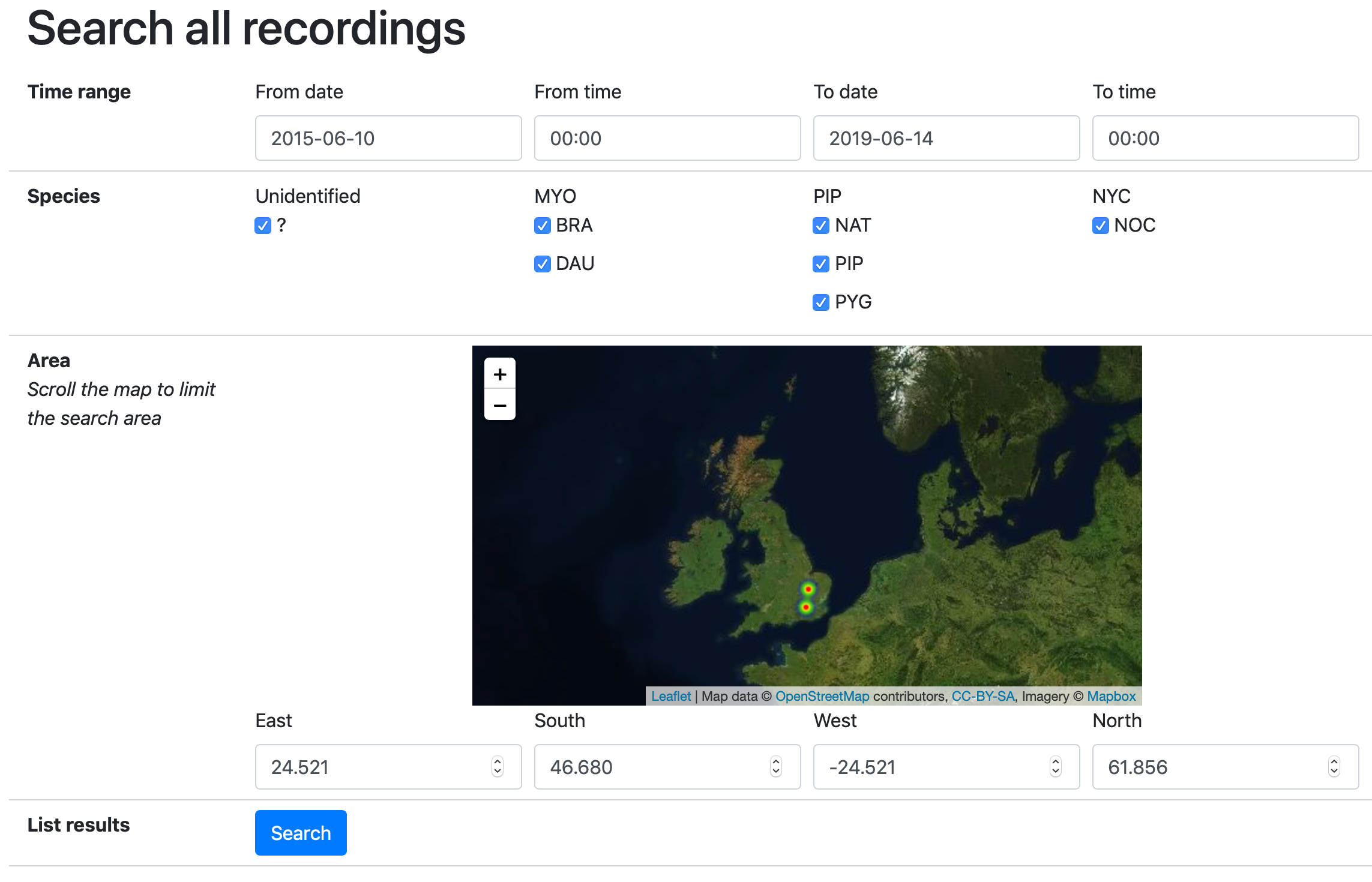 The search page contains a scrollable map and various controls to filter your search by